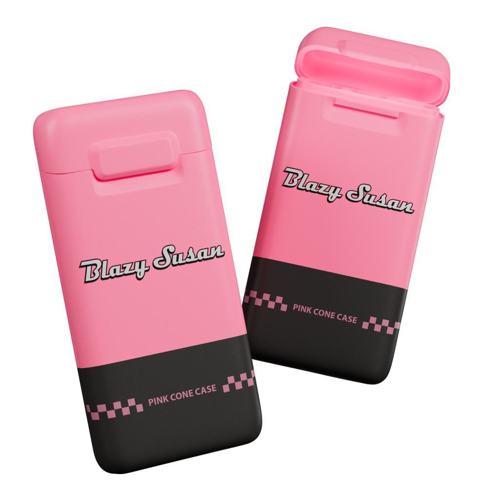 open and close view of pink and black joint container with blazy susan text